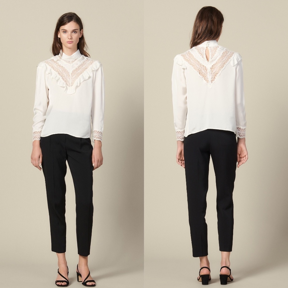 ❌SOLD❌Sandro high neck ruffle lace inset top - Picture 6 of 14